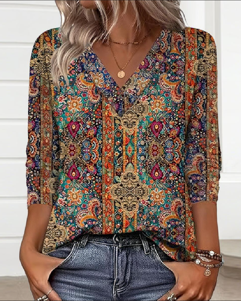 Vintage Patterned Top V-Neck
