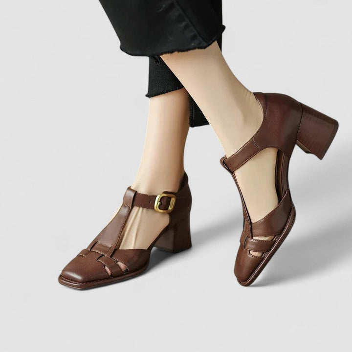 Elyxiana | Orthopedic T-Strap Block Heels Brown