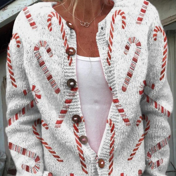 Daria | Candy Cane Decorative Pattern Buttoned Cardigan Sweater
