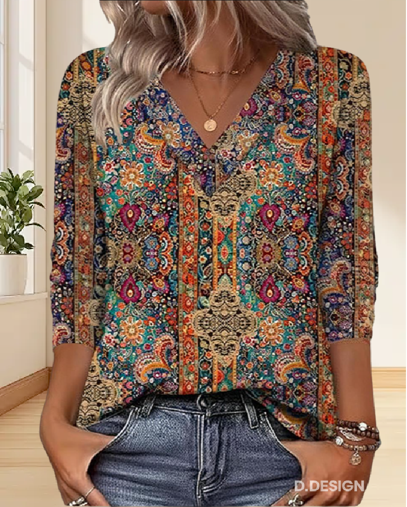 Vintage Patterned Top V-Neck
