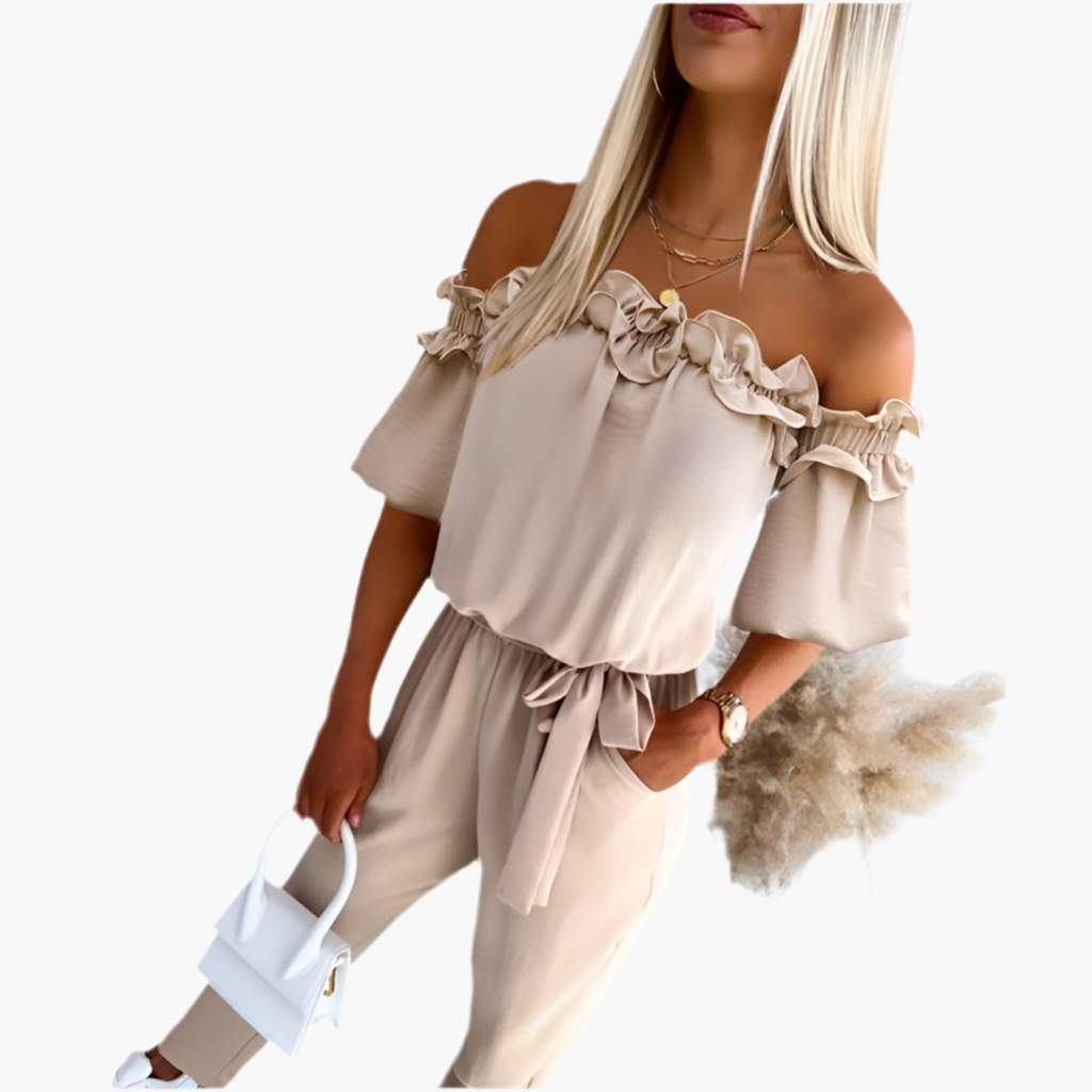 CAMILA™ – Chic Off Shoulder Frill Tie-Waist Jumpsuit Zenvora