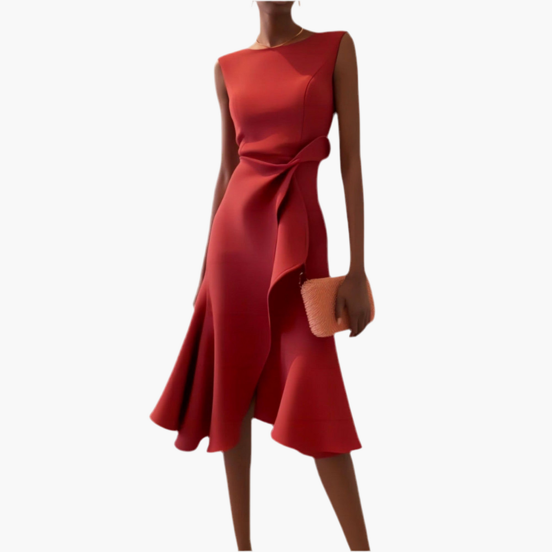 Juliette – Asymmetrical Draped Midi Dress Zenvora