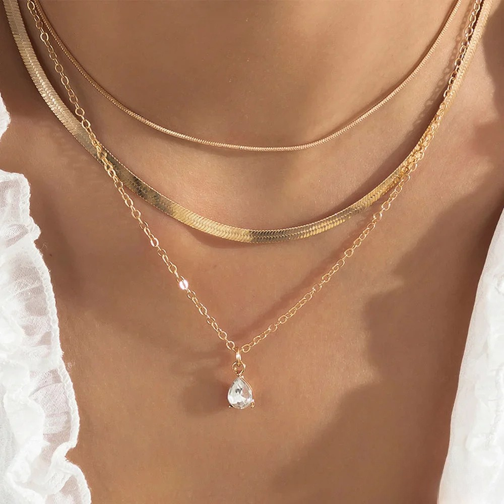 Layered Necklace with Gold-Colored Zirconia Pendant