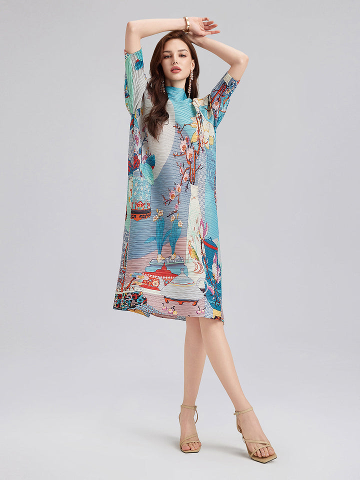 Creative Patterned Gathered Collar Dress