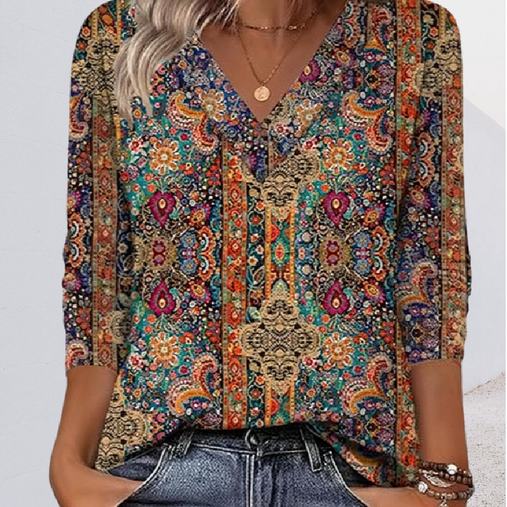 Vintage Patterned Top V-Neck