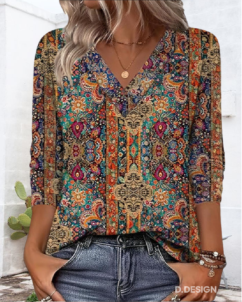 Vintage Patterned Top V-Neck